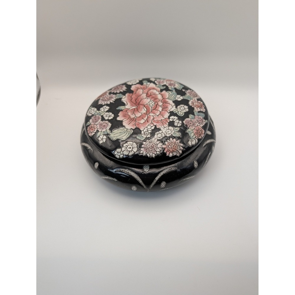 Vintage Chinese Floral Ceramic Trinket Box Black Pink Peony Round Lidded